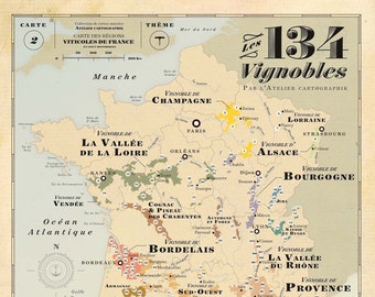 Vines map of France, map of French vineyards, old school map, Vineyards poster