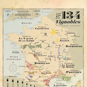 Vines map of France, map of French vineyards, old school map, Vineyards poster sans