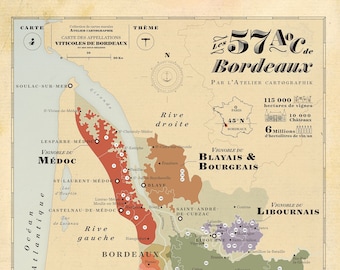 Carte des Vins de Bordeaux, carte du Bordelais, carte des 57 AOC de Bordeaux, Vignobles Bordelais