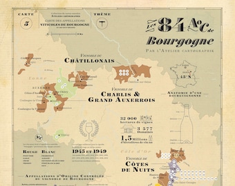 Carte des Vins de Bourgogne, carte du vignoble de Bourgogne, carte des 84 AOC de Bourgogne, Vignobles Bourguignon