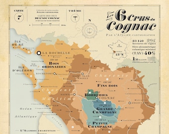 Carte des crus du Cognac, carte du Cognac, vignobles de l'AOC Cognac