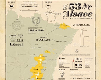 Carte des Vins d'Alsace, carte du vignoble Alsacien, carte des 53 AOC d'Alsace, Vignobles Alsacien