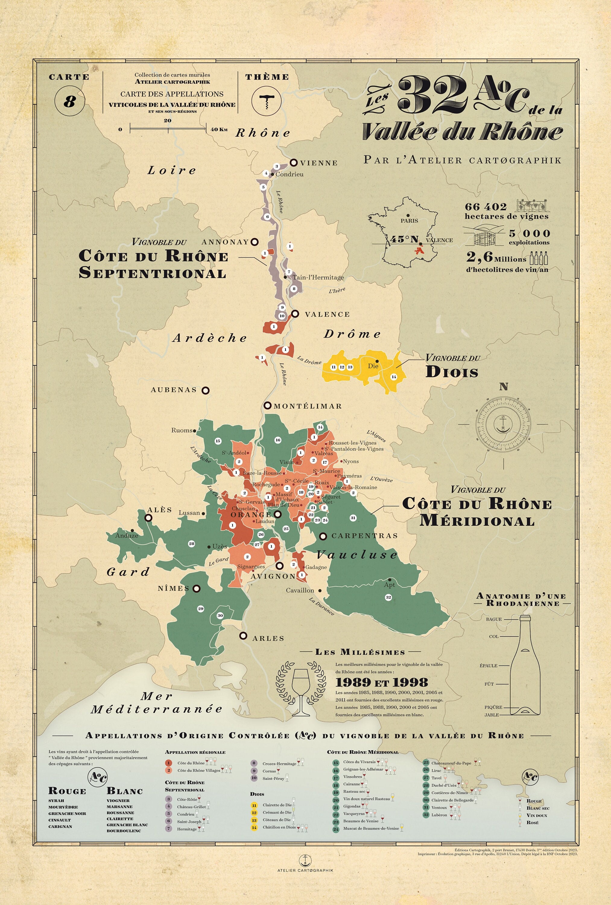 Rhône Wine Map, Map of the Rhône Valley, Map of the 32 Aocs of the