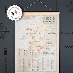 Op de afbeelding: Een ingelijste kaart van Franse wijngaarden, getiteld "Collection Vignobles de France". De kaart bevat gedetailleerde illustraties van wijnregio's, met Franse tekst. De kaart wordt opgehangen met een houten balk en touw.