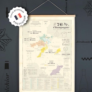 Puede incluir: Un mapa detallado de la región vinícola de Champagne, con información sobre viñedos y denominaciones. El mapa, impreso en tela, incluye el texto "Les Éditions Cartographik" y "Fabriqué en France". Se muestra con barras de madera.