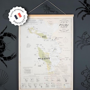 Peut inclure: Une carte encadrée avec un cadre en bois clair, représentant une carte détaillée d'une région côtière avec du texte en français. L'impression comprend des illustrations de la vie marine et le texte "Les Éditions CARTOGRAPHIK". La carte est intitulée "Île de Ré" et "Île d'Oléron".