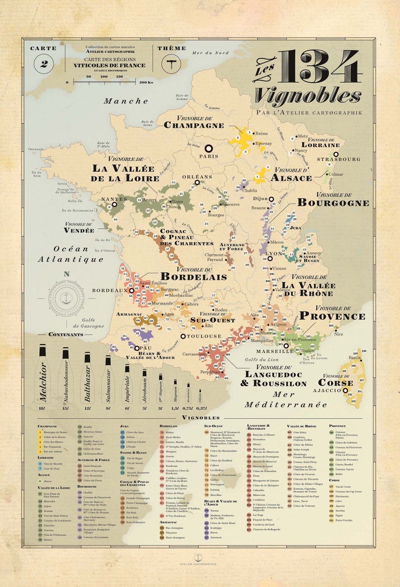 Vines map of France, map of French vineyards, old school map, Vineyards poster sans