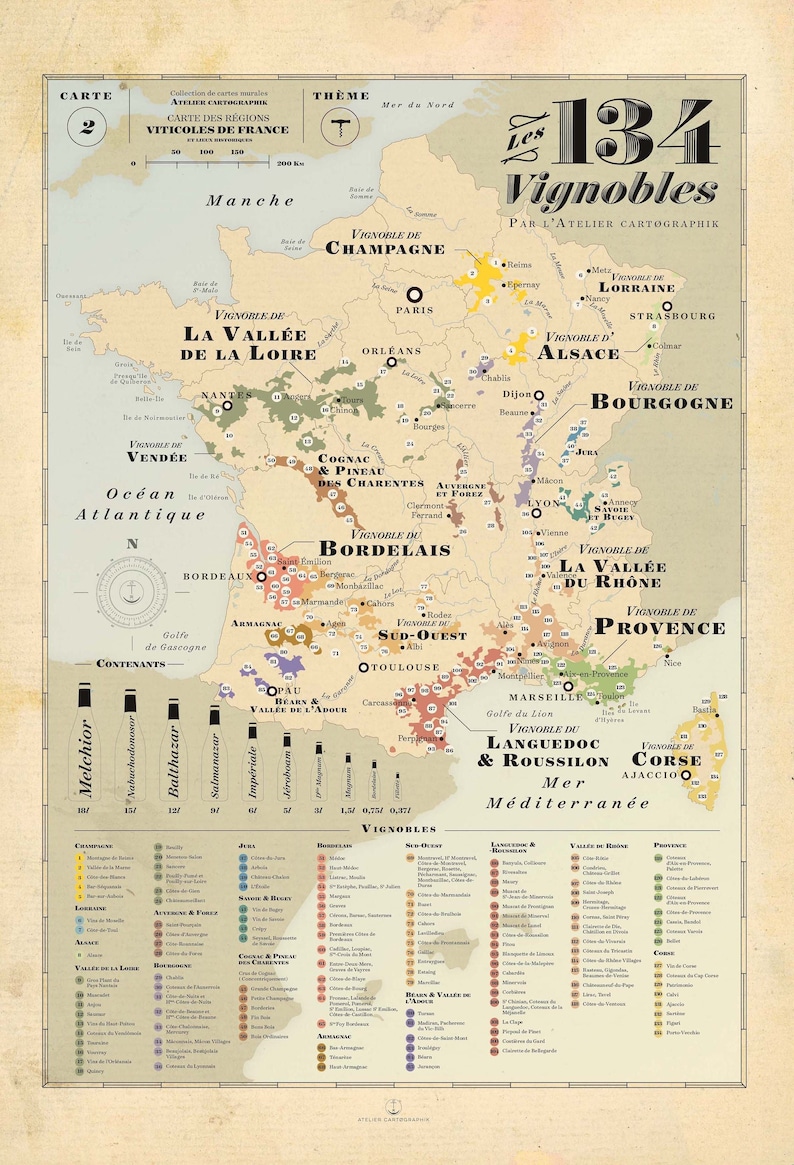 Vines map of France, map of French vineyards, old school map, Vineyards poster sans