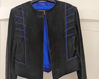 Vintage 70er Jahre Wildlederjacke: Schwarz mit royalblauem Paspol, Größe 12