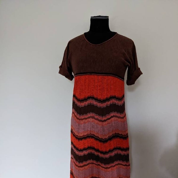 Vintage 1990er M Missoni Strickkleid Größe 14 Gewellte Herbstfarben Streifen Damen Damen Mädchen