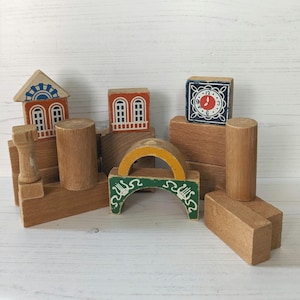 Vintage houten bouwstenen bakstenen jaren 80 fantasiespel
