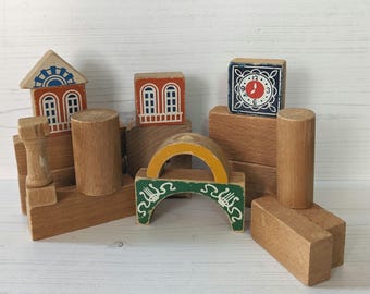 Vintage Wooden Building Blocks Bricks 1980s Pretend Play
