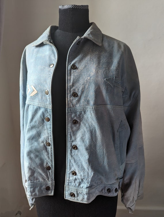 1980s Pale Blue Leather Blouson Style Jacket Cowb… - image 7