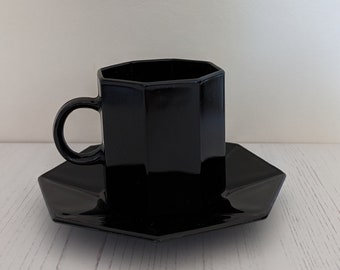 Vintage Arcoroc Octime Black Glass Tea Cup and Saucer - French Nostalgic