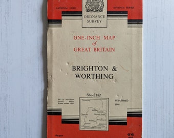 Brighton and Worthing Vintage Map 1968 Ordnance Survey One-Inch Map of Great Britain Paper Map Brighton and Worthing