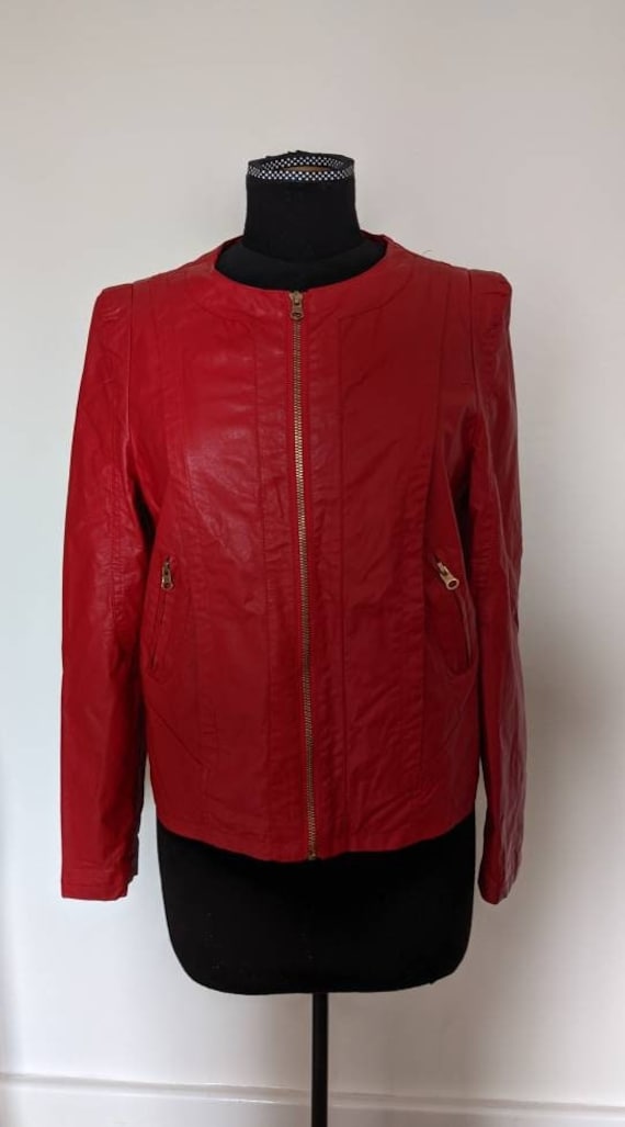 1980s 1990s Red leather Look Collarless Zip up Fitted Jacket Women Ladies Girls Etsy