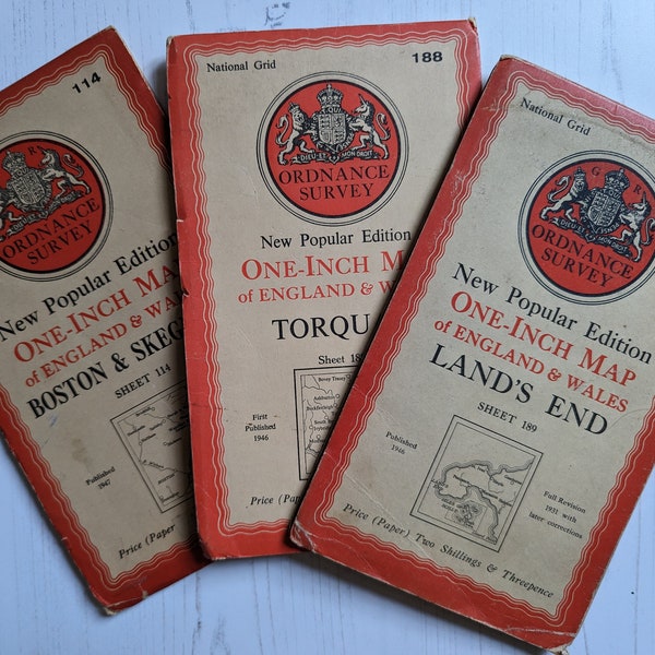 1940s Ordnance Survey One-Inch Paper Maps Land's End Torquay Boston & Skegness Vintage