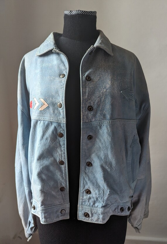 1980s Pale Blue Leather Blouson Style Jacket Cowb… - image 2