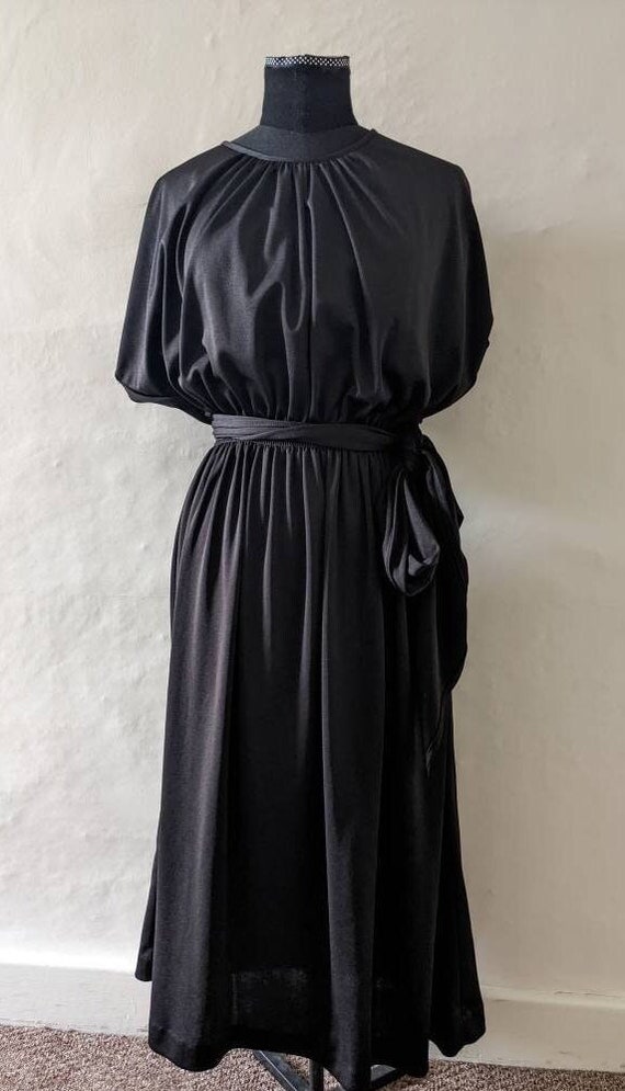 1970s Laura Lee Black Dress Polyester Full Skirt C