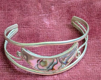 Vintage 1980s Mexico Alpaca Silver and Abalone Shell Cuff Bracelet Bangle