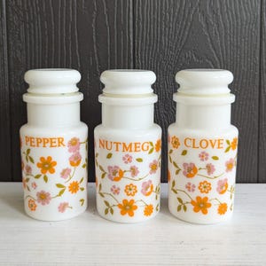 Vintage Milk Glass White with Orange Flowers Spice Jars Storage Pots 1970s