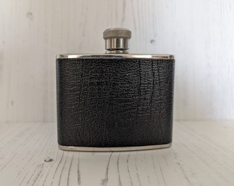 Vintage Hip Flask Black Faux Leather and Stainless Steel Fathers Day Gift