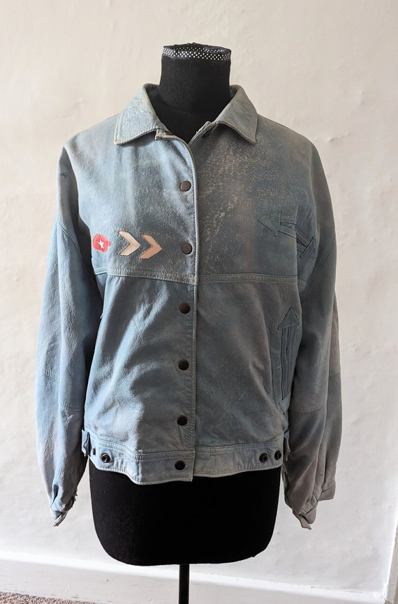 1980s Pale Blue Leather Blouson Style Jacket Cowb… - image 6
