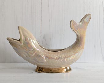 Vintage PEB Ceramics Lustreware Fish Post Bowl Mantel Vase Kitsch 1950s