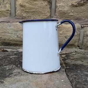 Vintage 1940s White Enamel Metal Jug Blue Rim Shabby Chic Rustic Rusty Kitchen Garden
