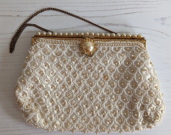 Vintage 1960s Beaded and Pearl Evening Bag Handbag Purse Made in France for Dickins & Jones