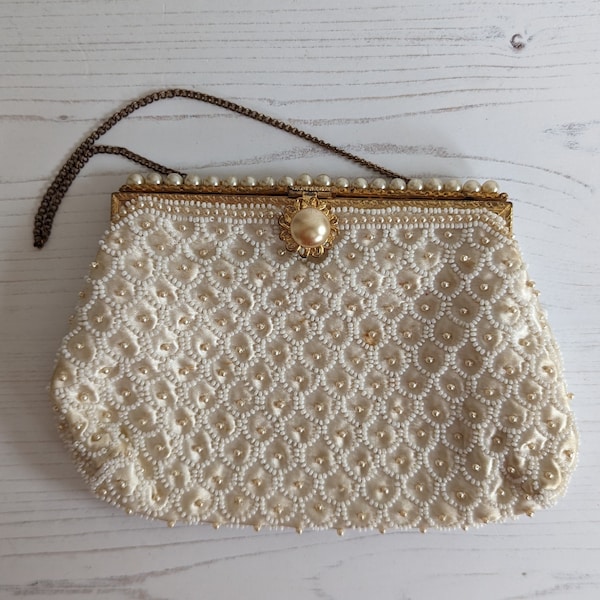 Vintage 1960s Beaded and Pearl Evening Bag Handbag Purse Made in France for Dickins & Jones