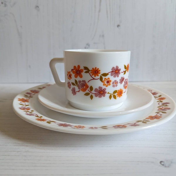 Arcopal Scania French Milk Glass Cup Saucer Side Plate 1970s Vintage Floral Very Pretty (M)
