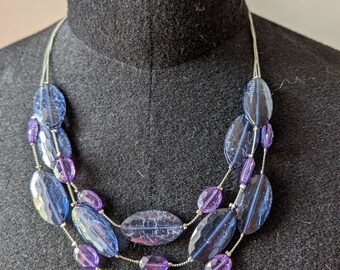 Vintage Laura Ashley Necklace: Silver Resin Pendant, Purple Beads