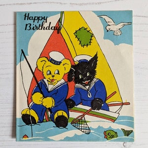 Tarjeta de felicitación de cumpleaños vintage encantadora y no escrita de Teddy & Cat de los años 50