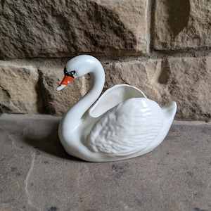 Jardinière/pot de plante vintage en céramique cygne blanc