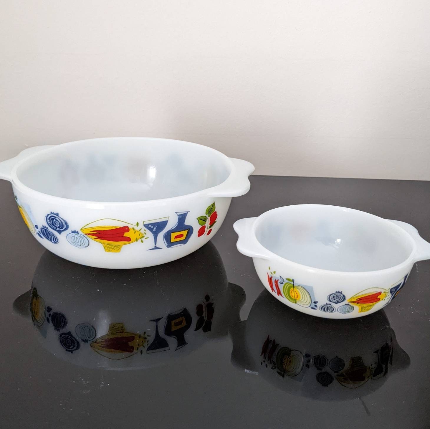 Vintage J&J Pyrex Casserole Dishes: 1960s Vegetable Pattern, Mid-Century Kitchenalia