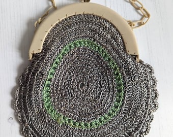 Mid-century Vintage Crochet Handbag / Purse 1950s Grey and Green Vintage Accessory Evening Wear