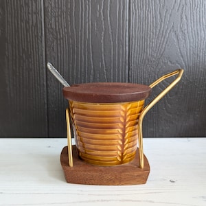 Vintage 1970-tals Crown Devon syltkruka: Keramisk syltburk med teaklock