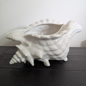 Könnte beinhalten: Ein weißer Keramik-Muschelblumentopf mit strukturierter Oberfläche. Der Pflanztopf hat eine große Öffnung und wird von drei kleinen Füßen getragen. Das Muscheldesign weist komplizierte Details und einen gerüschten Rand auf.