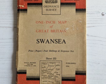 Vintage Map 1954 Ordnance Survey One-Inch Map of Great Britain Paper Map Swansea Vintage