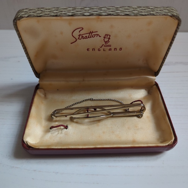 Vintage Stratton Imitation Silver Tone Metal Bar Tie Clip Tie Pin Boxed Gift for Him