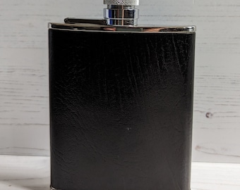 Vintage 6oz Hip Flask Black Leather and Stainless Steel Fathers Day Gift (M)