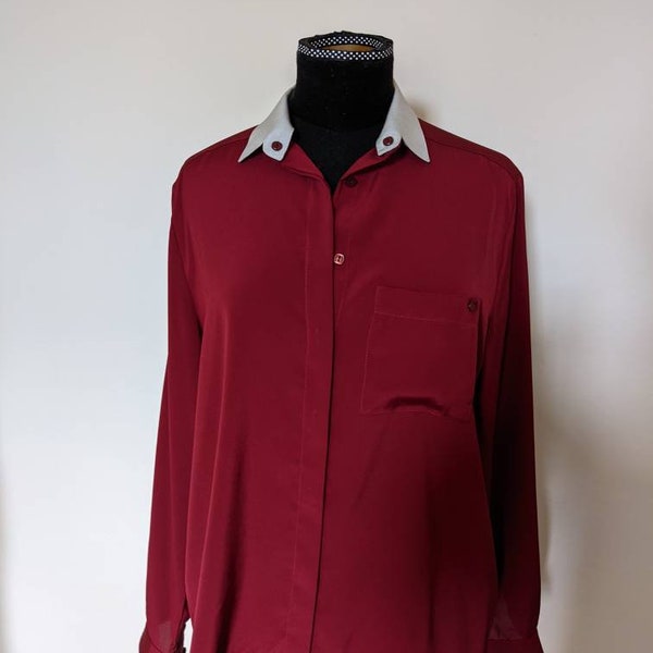1980's Marks & Spencer (St Michael) Ladies Red Maroon Blouse with Grey Detachable Collar Bust 38" (Size 16 on label)
