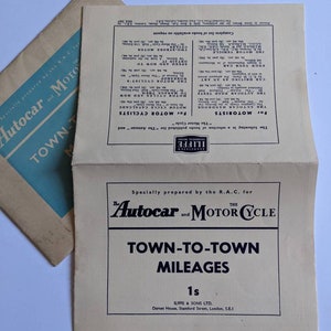 Vintage The Autocar y The Motorcycle Town-to-Town Mileage Chart 1950s