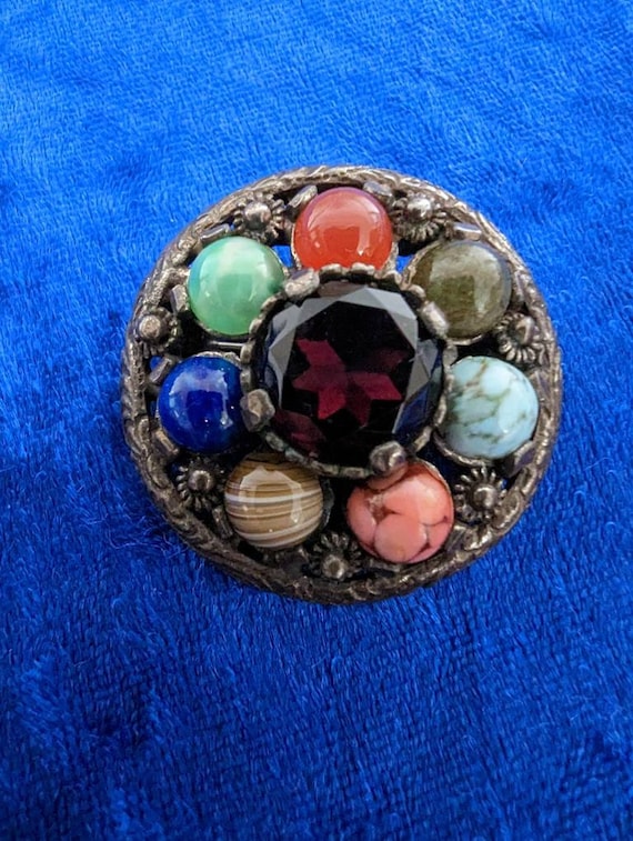 Scottish Miracle Ring Brooch Vintage 1950s With Faux Agate