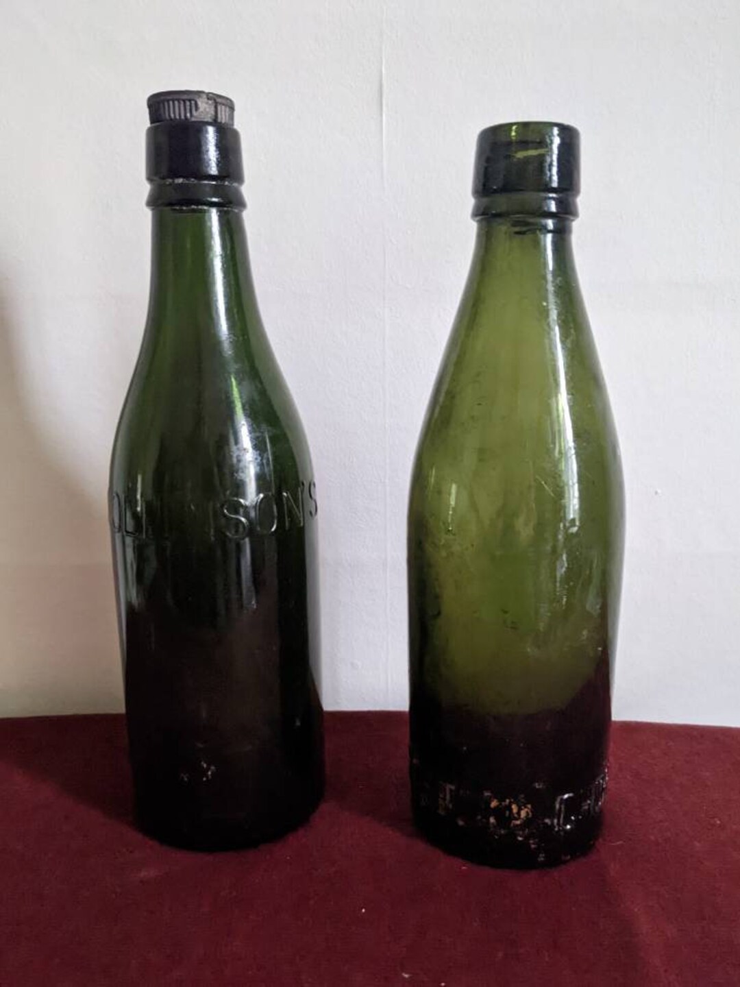 Two Vintage Antique Green Glass Beer Bottles Circa 1900s Etsy