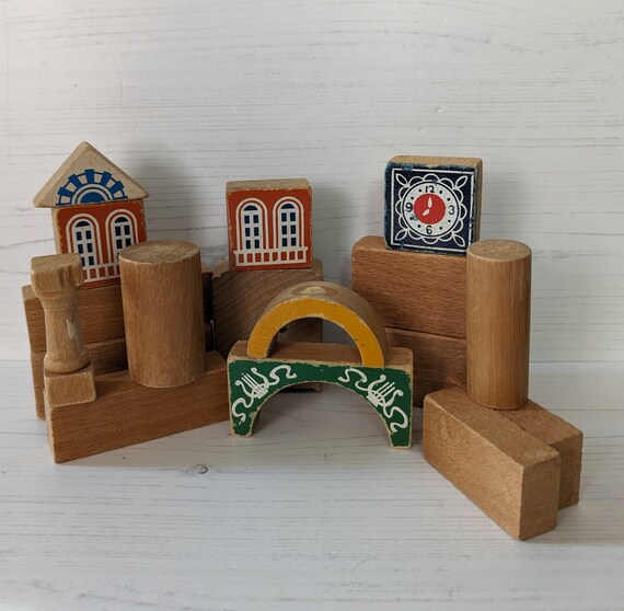 Vintage Wooden Building Blocks Bricks 1980s Pretend Play Etsy