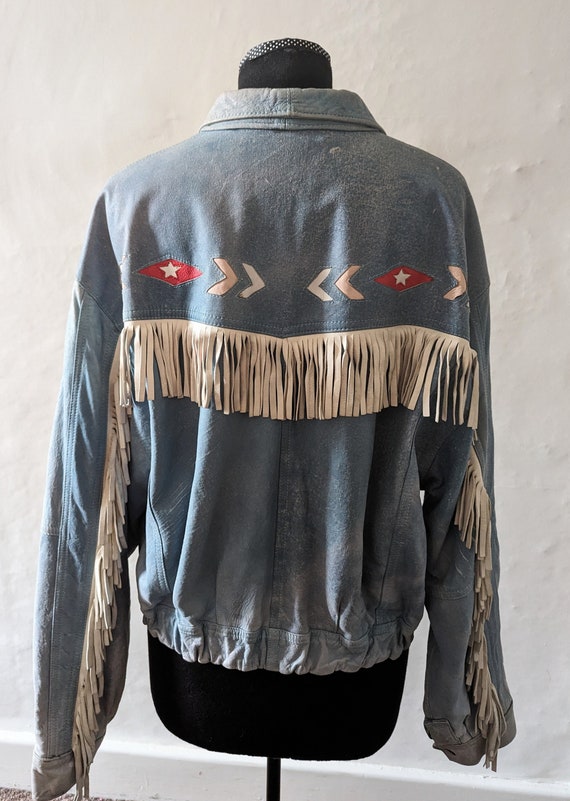 1980s Pale Blue Leather Blouson Style Jacket Cowb… - image 1