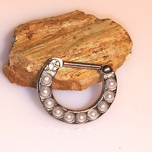 Silver Septum Clicker Ring / Daith Earring with White Pearls, 16G