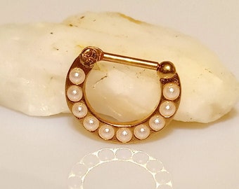 Rose Gold Daith Earring / Septum Clicker Ring White Pearls, 16G